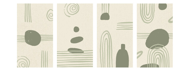 Boho olive wall poster set. Abstract japandi decoration interior design. Vector geometry shapes background zen aesthetic. Curve freehand lines on rice paper. Retro pebble and vase vector ornament.
