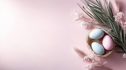 Pastel Easter Eggs in Bowl on Soft Pink Background with Copy Space