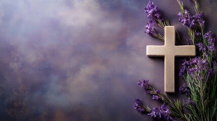 Wooden Christian Cross with Lavender on Dark Textured Background