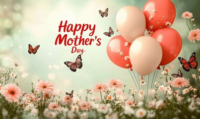 Happy Mother&rsquo;s Day Greeting Card with Heart Balloons, Butterflies and Flowers