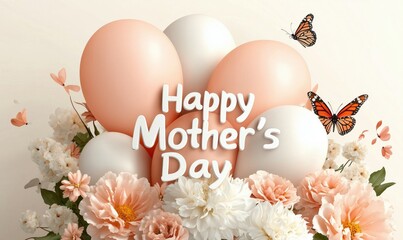 Mother&rsquo;s Day Illustration with Heart Balloons and Butterflies in Spring Garden