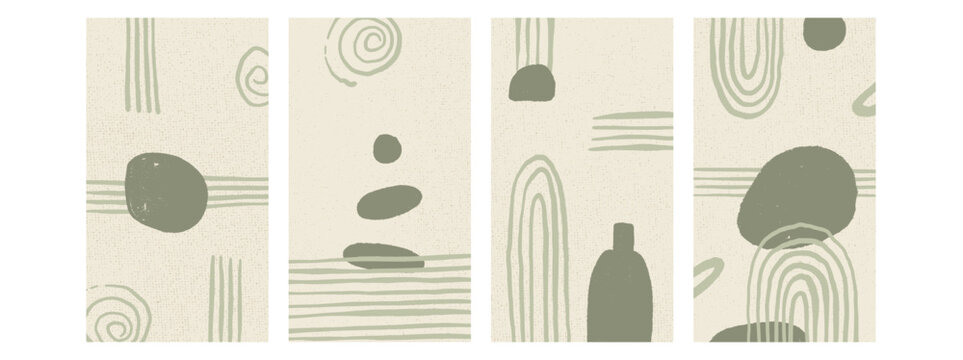 Boho olive wall poster set. Abstract japandi decoration interior design. Vector geometry shapes background zen aesthetic. Curve freehand lines on rice paper. Retro pebble and vase vector ornament.