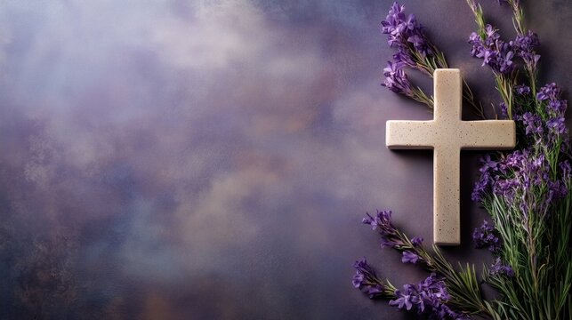 Wooden Christian Cross with Lavender on Dark Textured Background