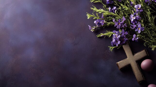 Wooden Christian Cross with Lavender on Dark Textured Background
