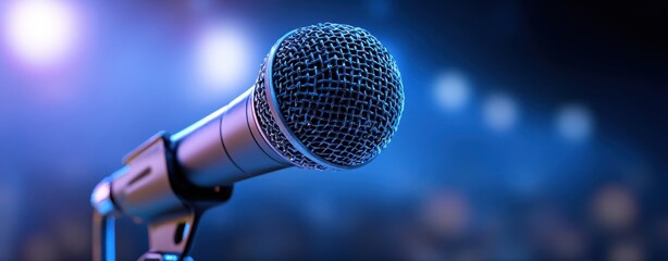 The Microphone on Stage Ready for a Live Performance Under Blue Spotlight