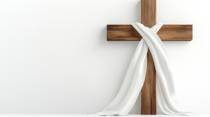 Wooden Cross with White Cloth on Minimal Background
