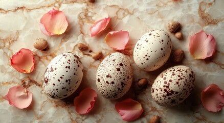 Speckled Easter Eggs with Rose Petals on Marble Background