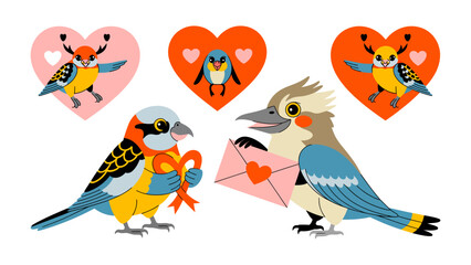 Lovebirds' Declaration: Amidst heart-shaped symbols, whimsical birds engage in affectionate gestures, capturing the essence of affection and friendship.