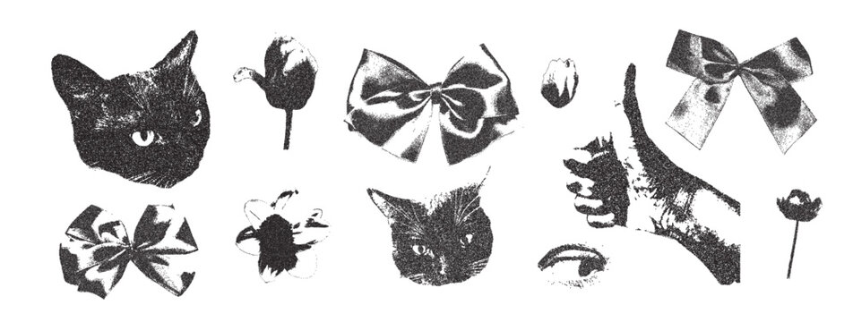 Cat, bow, flowers photocopy vintage dadaism set. Ribbon, hand with thumb up threshold collage effect. Dotted stippling black grunge elements. Vector y2k gritty retro shapes isolated no bg.