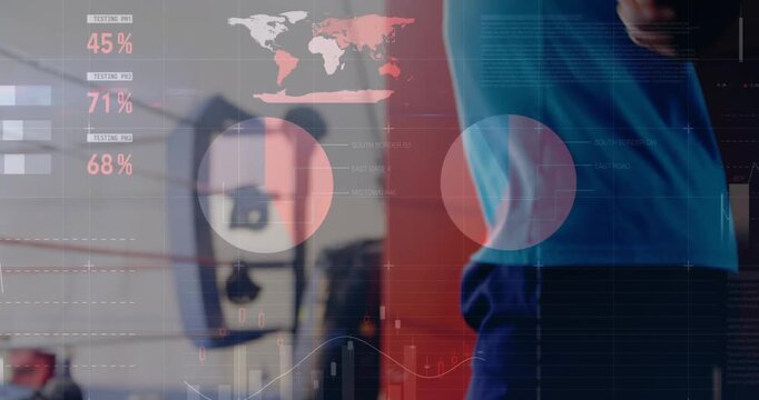 Animation of digital interface over african american men exercising