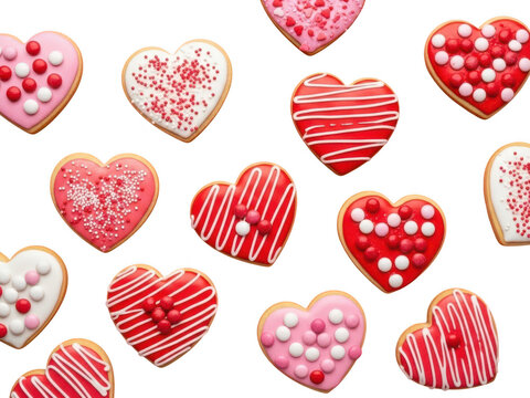 Heart-shaped cookies with red and pink icing isolated on white background