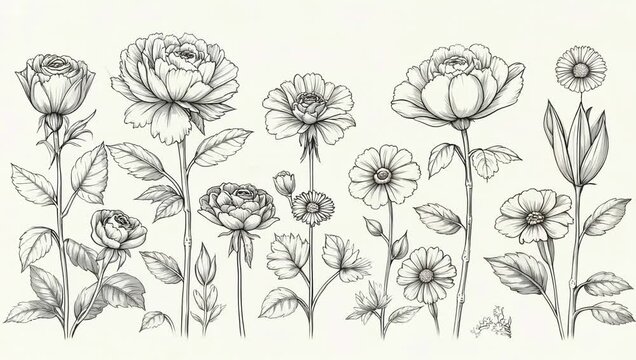 Detailed botanical illustration featuring various flowers, including roses and daisies, rendered in a monochrome, sketch-like style.