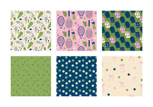Retro tennis seamless pattern collection with rackets, bow and balls. Sport repeating print perfect for wrapping paper, backgrounds or textile vintage accents. Vector pink, green beige coquette aop bg