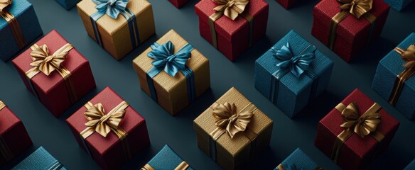 The gift boxes arranged in a festive pattern with metallic ribbons and bows