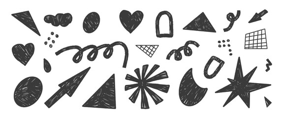 Chalk kids geometric doodle elements shapes. Playful kindergarten triangles, stars, squiggle, grid abstract elements. Funky black sticker figures, pencil strokes and childish doodle for vector design.