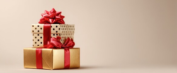The Gift Boxes Stacked with Red Bows on a Beige Background for Celebrations
