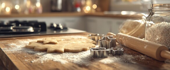 The cookie dough and cutters on a rustic wooden countertop ready for baking