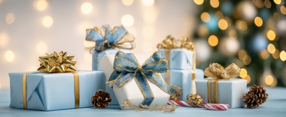 The Gift Boxes Wrapped in Blue and Gold Ribbons with Festive Bokeh Lights