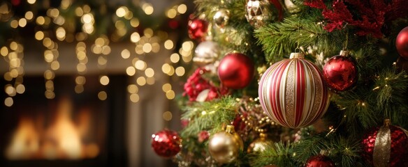 The Christmas tree adorned with red and gold ornaments beside a cozy fireplace