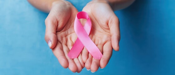 The Pink Ribbon in Open Hands Symbolizing Breast Cancer Awareness and Hope