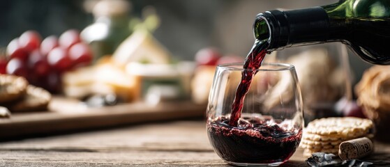 The Wine Glass Being Poured with Red Wine Beside a Rustic Cheese Board