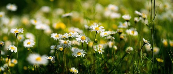 The daisies blooming in a sunlit meadow with soft bokeh and green grass