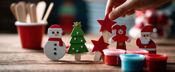 The wooden Christmas ornaments being painted and arranged on a rustic table