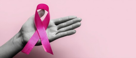 The Ribbon of Pink Breast Cancer Awareness Held in an Open Hand Over Pastel Background