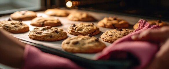 The chocolate chip cookies fresh from the oven on a baking tray