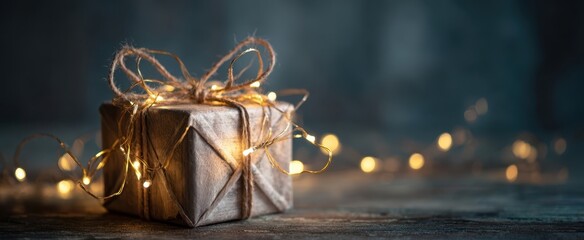 The gift wrapped in twine and fairy lights on a rustic table