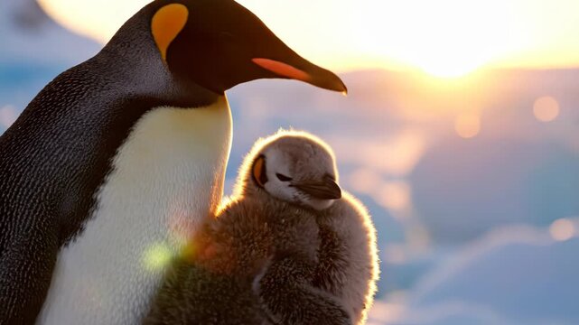 A parent penguin tending its chick at sunrise, feathers highlighted by the golden light