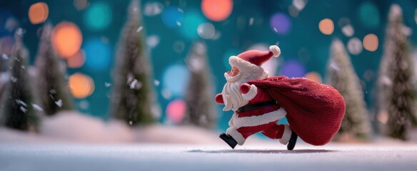 The Santa Claus figurine trudges through a snowy miniature winter scene with glowing bokeh lights