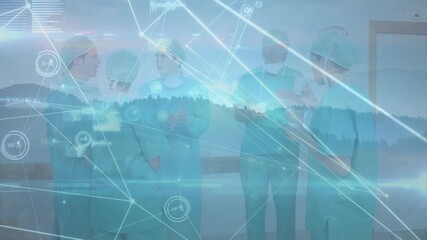 Animation of data processing over diverse surgeons talking - Powered by Adobe