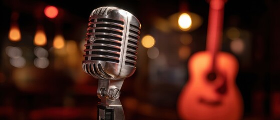 The Microphone on a Dimly Lit Stage with Blurred Guitar and Bokeh Lights