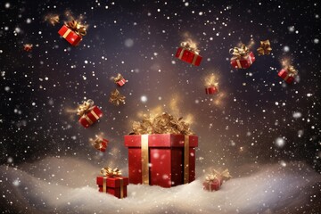 Red gift boxes with gold ribbons are falling into a snowy winter landscape creating a magical atmosphere