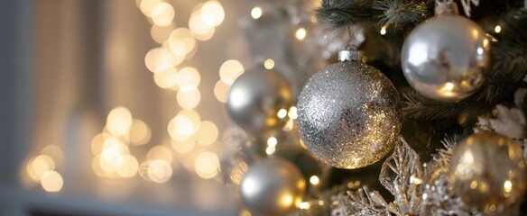 The Christmas tree adorned with silver baubles and warm twinkling fairy lights