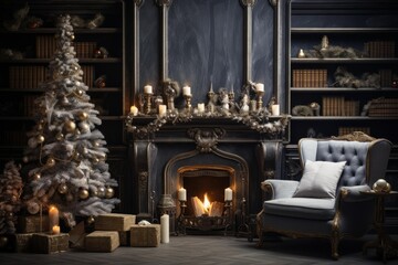 Fototapeta premium Classic decorated living room with christmas tree, glowing fireplace, and comfortable armchair, creating a festive atmosphere