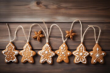 Decorated gingerbread cookies and star anise hanging on twine, arranged on a rustic wooden surface
