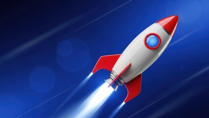 Naklejka premium Red and white rocket ship launching into a deep blue background with motion streaks