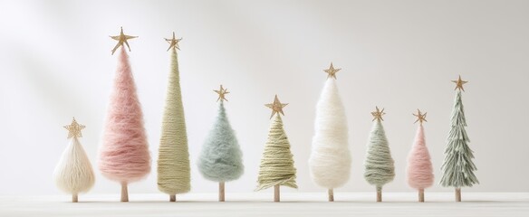 The Christmas trees in pastel yarn with golden stars on a white background