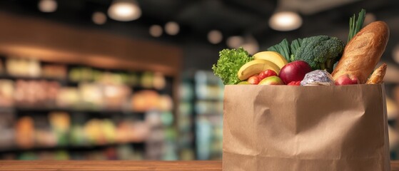 The Grocery Bag Filled With Fresh Colorful Produce On A Supermarket Counter