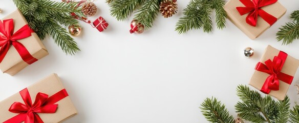 The Christmas gift boxes with red ribbons and evergreen branches on white background