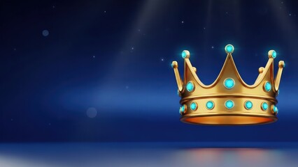Golden crown with glowing blue jewels on a deep blue background with copy space