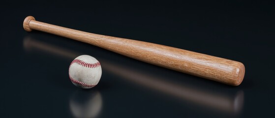 The Baseball Bat and Ball on Black Reflective Surface for Sports Concept