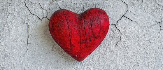 The red heart on a cracked plaster wall with rustic textured background