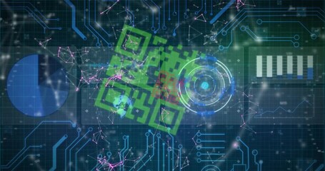 Animation of colourful qr codes over data processing, charts and graphs on dark interface - Powered by Adobe