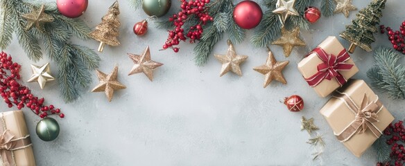 The Christmas arrangement of wrapped gifts, pine branches, baubles and golden stars