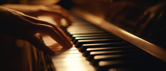 The Piano Keyboard Played by Hands in Warm Moody Closeup Lighting