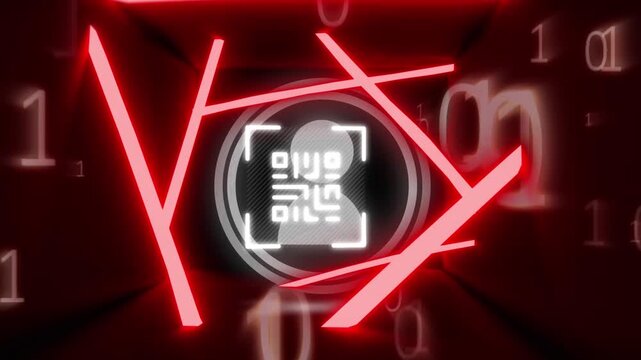 Animation of binary coding and profile icon over neon qr code scanner against black background