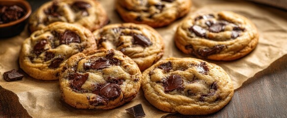 The Chocolate Chip Cookies Freshly Baked on Parchment Paper, Warm, Gooey and Irresistible